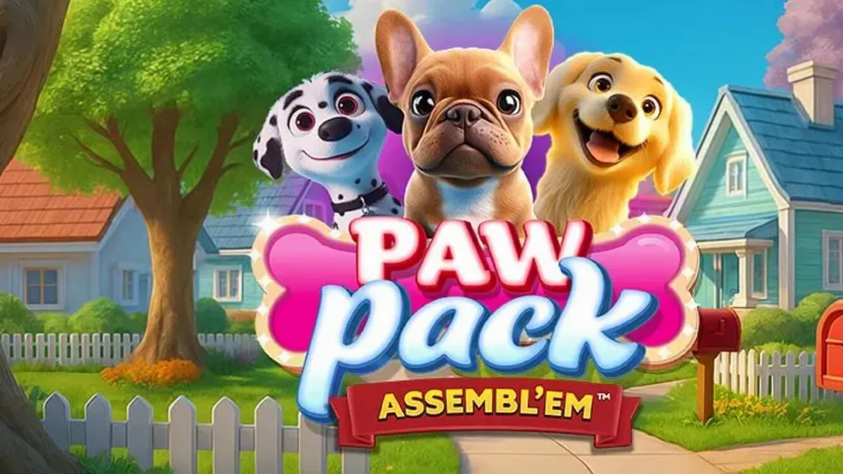 Tampilan visual slot Paw Pack Assembl’Em dengan karakter anjing kartun yang ceria